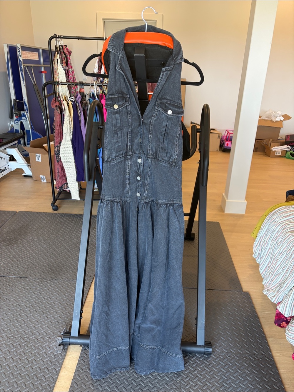 Free People Washed Black Backless Denim Maxi Dress with Button Front